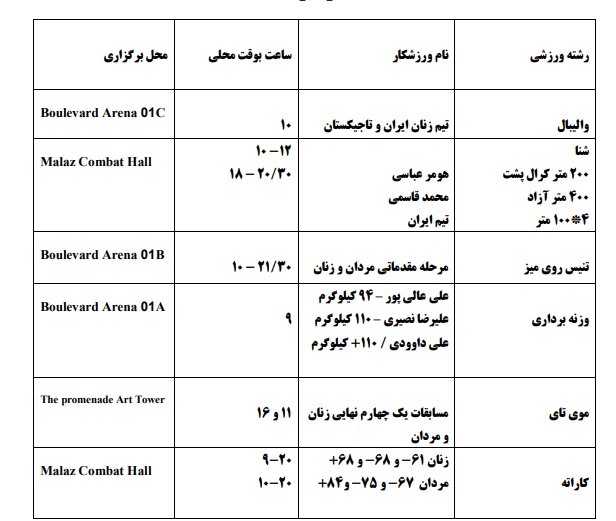 برنامه مسابقات ایران در بازی‌های کشورهای اسلامی